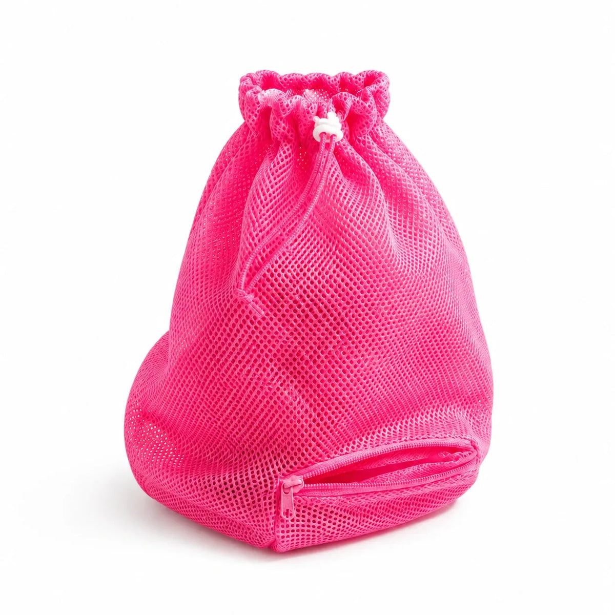 Pink mesh cat grooming bag with drawstring collar and zippered paw ports, used to keep a cat calm during nail trimming