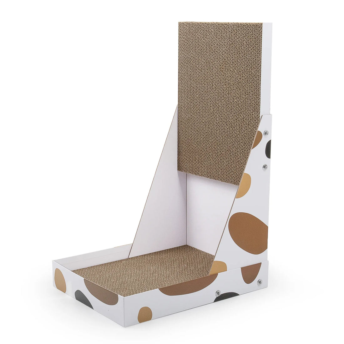 L-shaped cardboard cat scratcher with vertical and floor panels
