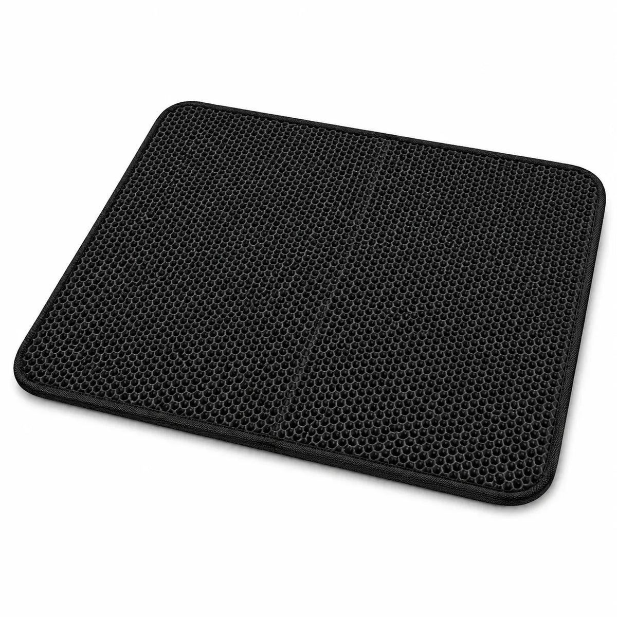 Black double-layer honeycomb cat litter mat with a honeycomb top layer that drops litter granules through to a sealed base