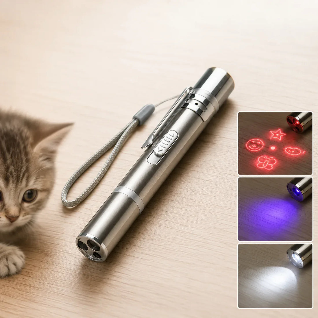 Stainless-steel USB rechargeable cat laser pointer with five red-light patterns