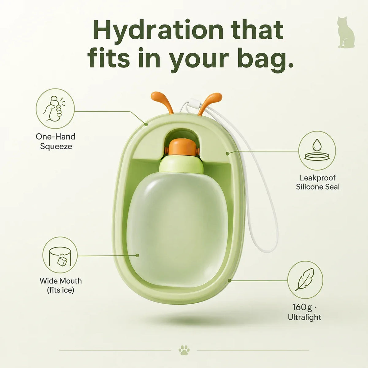 Portable cat water bottle features: leak-proof, one-hand, wide mouth, ultralight