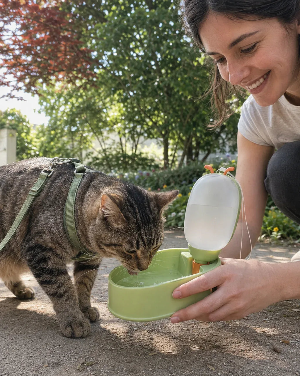 Woman gives her cat fresh water from the portable bottle in a garden