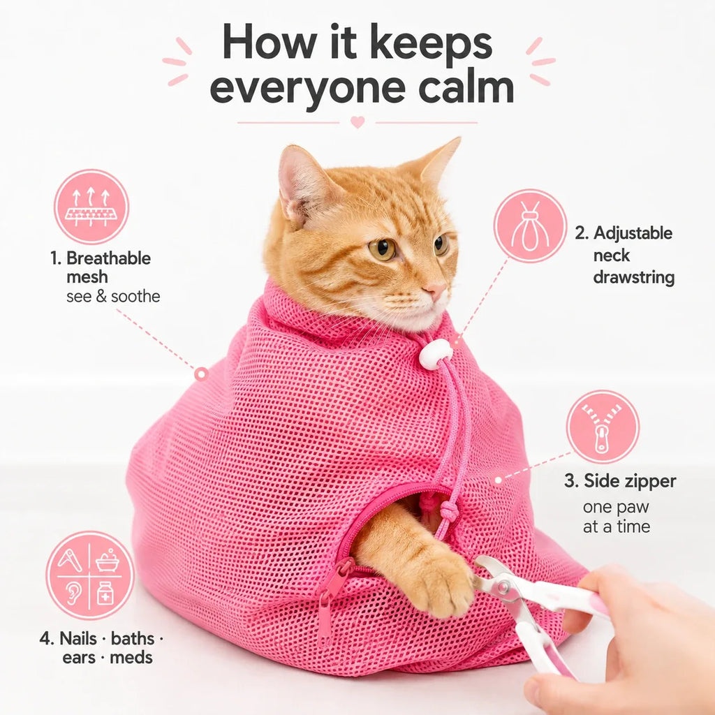 How the grooming bag keeps cats calm: breathable, adjustable, zippered