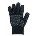 Cat grooming glove in black, left hand, isolated