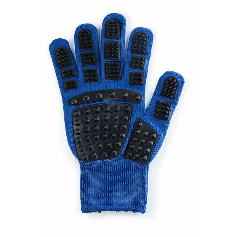 Cat grooming glove in blue, left hand, isolated