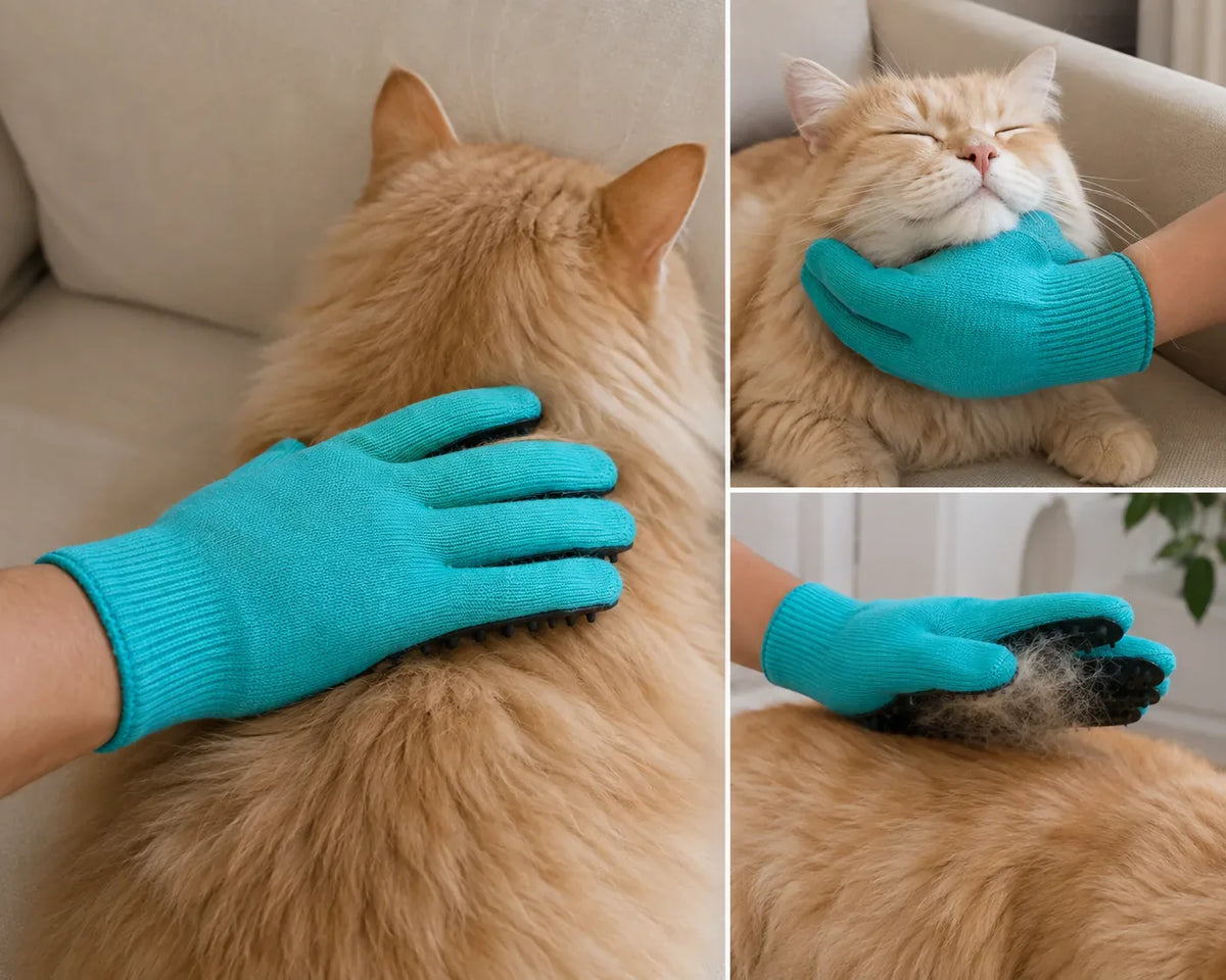 Silicone grooming glove lifting loose fur from a cat coat