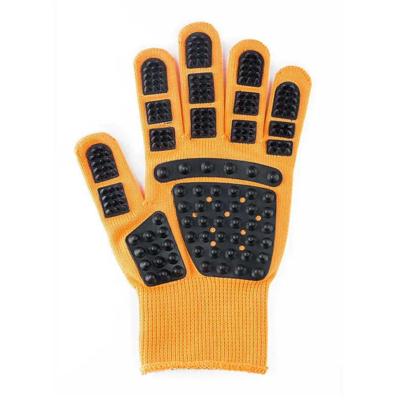 Cat grooming glove in orange, right hand, isolated