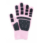 Cat grooming glove in pink, right hand, isolated