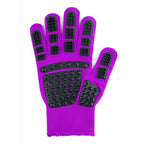 Cat grooming glove in purple, left hand, isolated