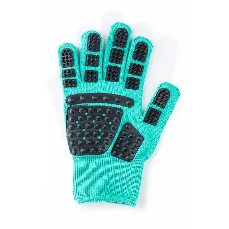 Cat grooming glove in teal, left hand, isolated