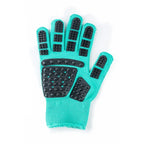 Cat grooming glove in teal, left hand, isolated
