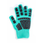 Cat grooming massage glove in teal, isolated