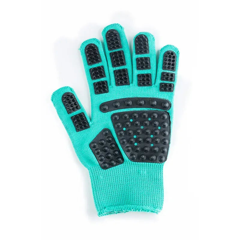 Cat grooming massage glove in teal, isolated