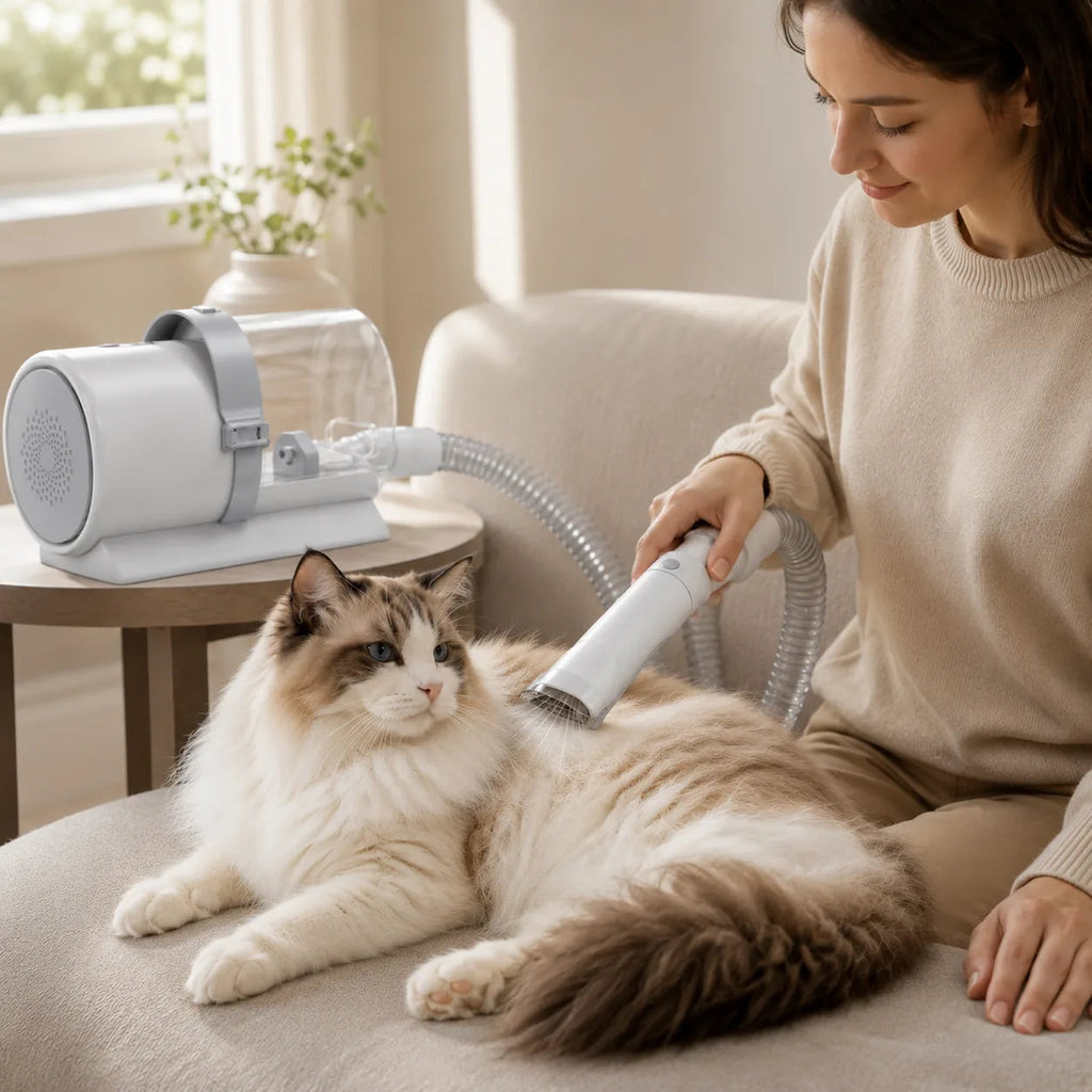 Owner grooming a calm ragdoll cat in an armchair