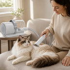 Owner grooming a calm ragdoll cat in an armchair