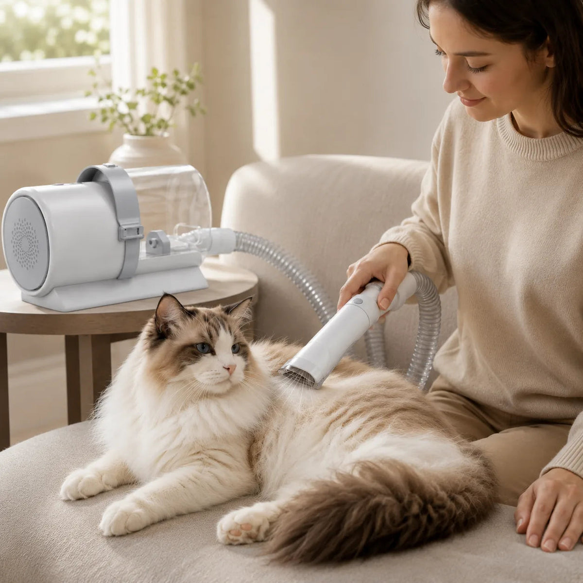 Owner grooming a calm ragdoll cat in an armchair