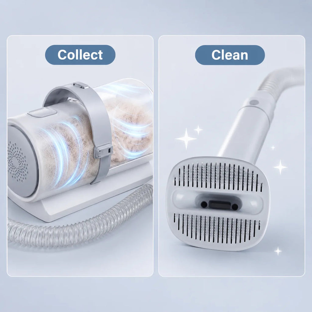 Collect and clean: fur pulled into the cup and the self-cleaning brush head