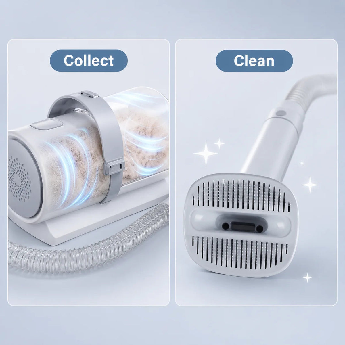 Collect and clean: fur pulled into the cup and the self-cleaning brush head