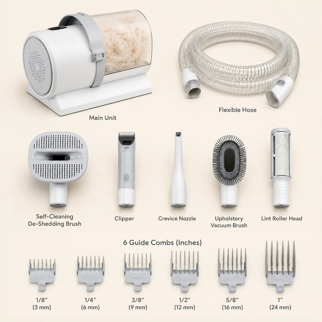 Kit contents: main unit, hose, de-shedding brush, clipper, crevice nozzle, upholstery brush, lint roller and 6 guide combs