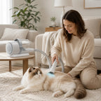 Grooming a long-haired cat on a living-room rug with the vacuum kit