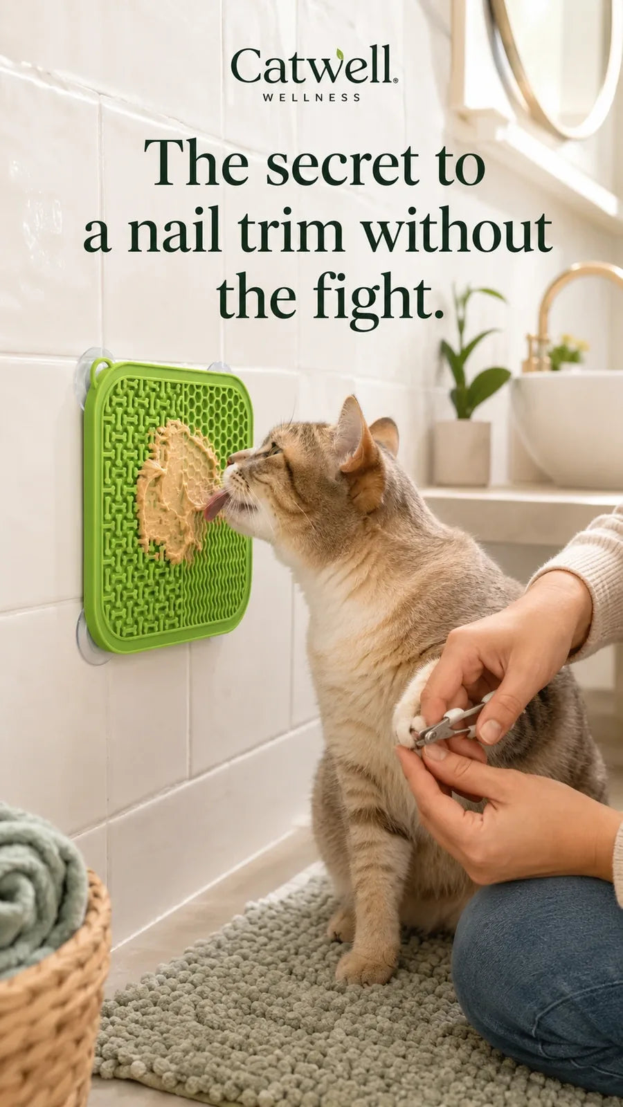 The secret to a nail trim without the fight — cat licking the green lick mat suctioned to the wall during a nail trim