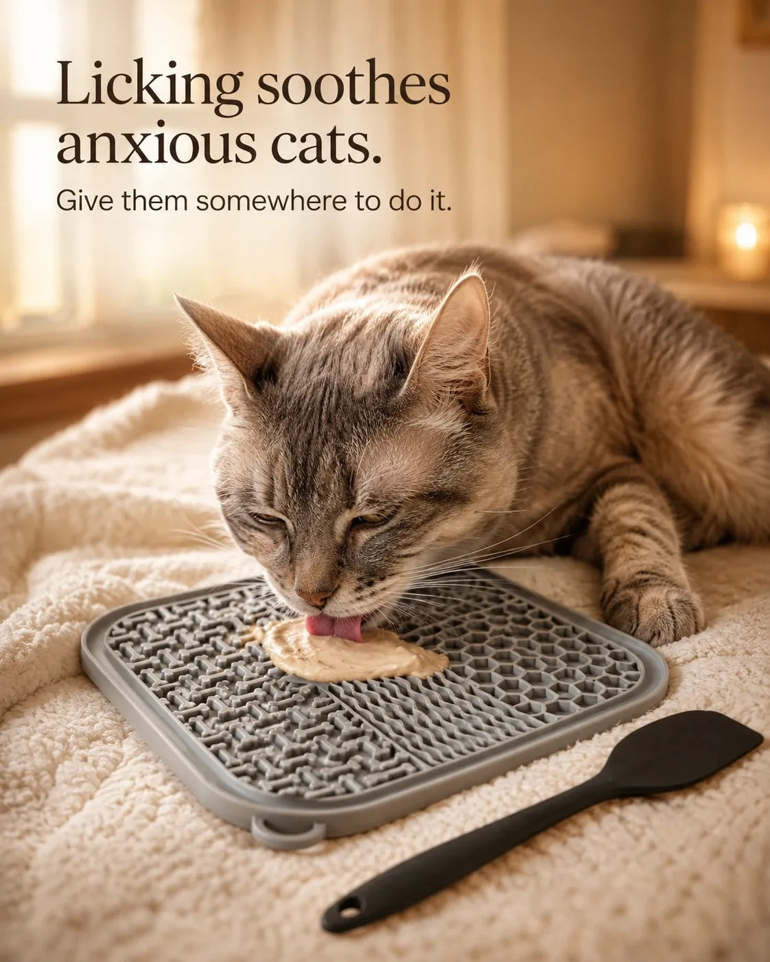 Licking soothes anxious cats — tabby cat calmly licking the gray mat in soft light