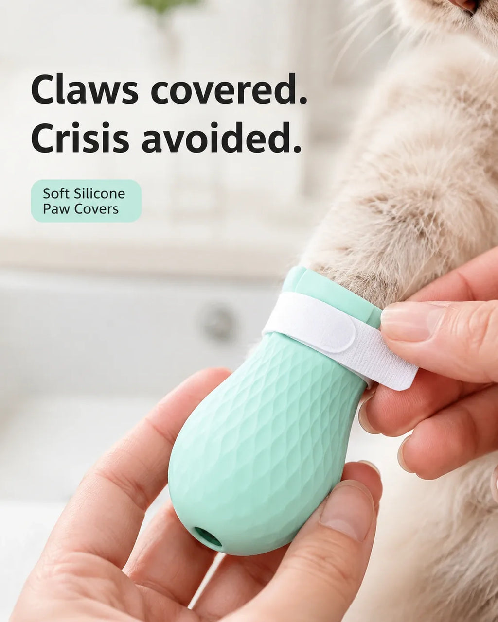 Claws covered, crisis avoided — a soft silicone paw cover slipped onto a cat's paw with its velcro strap