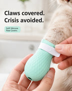 Claws covered, crisis avoided — a soft silicone paw cover slipped onto a cat's paw with its velcro strap