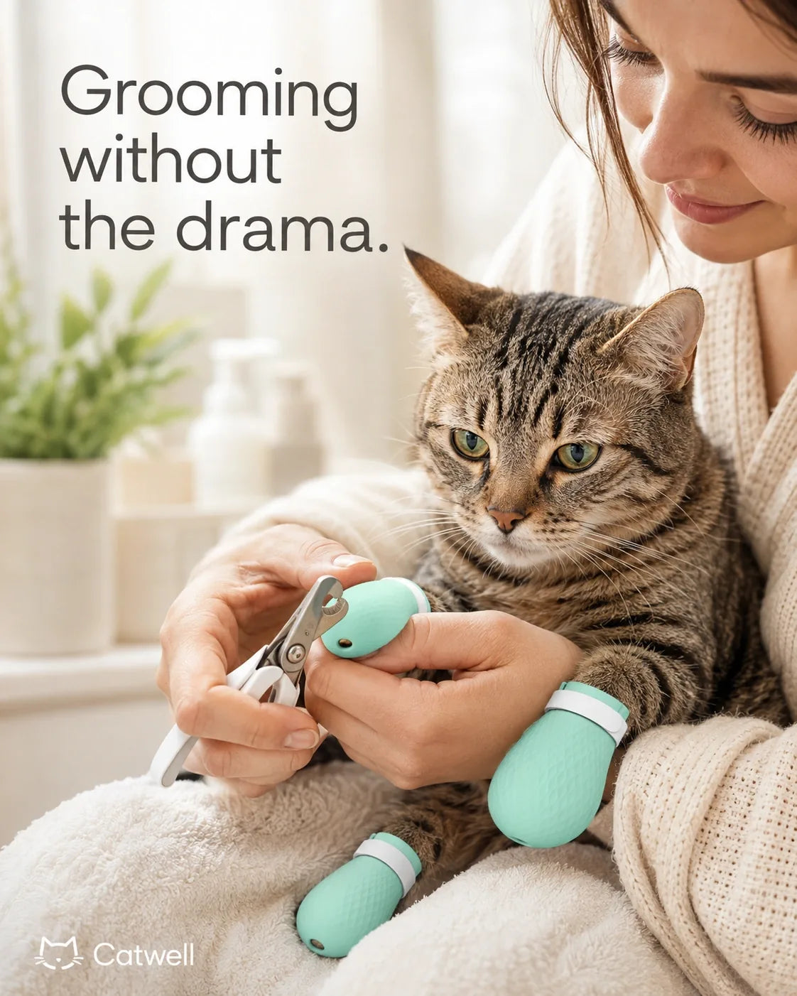 Grooming without the drama — a calm cat wearing the paw covers during a nail trim