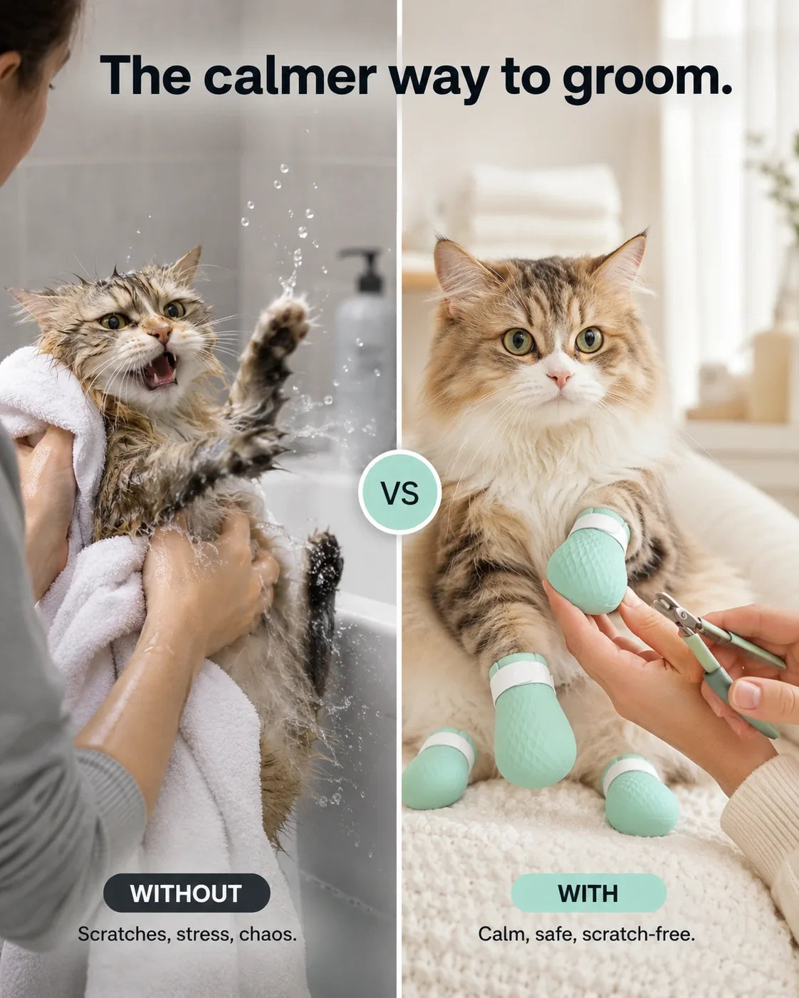The calmer way to groom — a stressed wet cat without covers versus a calm cat wearing the paw covers
