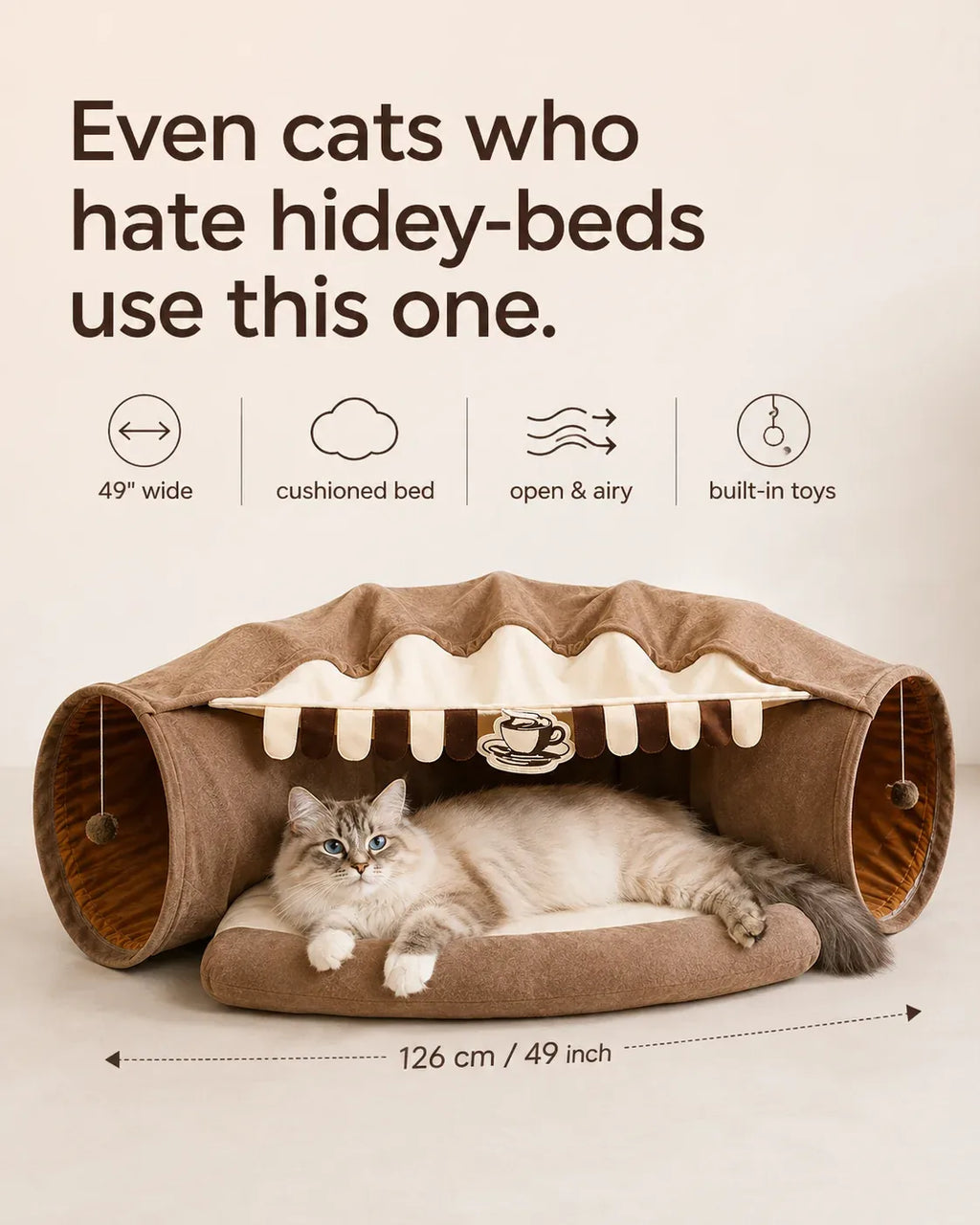 Dimensions — the mocha cat tunnel sofa bed measures 126 cm / 49 inches wide