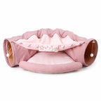 Blush pink cat tunnel sofa bed with sakura canopy trim, studio white background