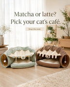 Matcha green and latte brown cat tunnel sofa beds side by side — pick your cat's café