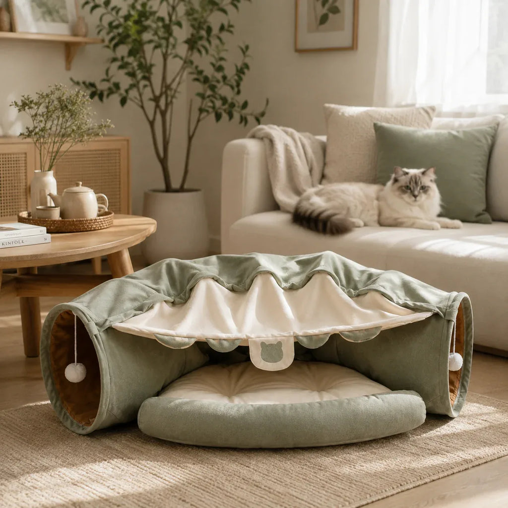 Sage green cat tunnel sofa bed with canopy and cushion in a bright living room