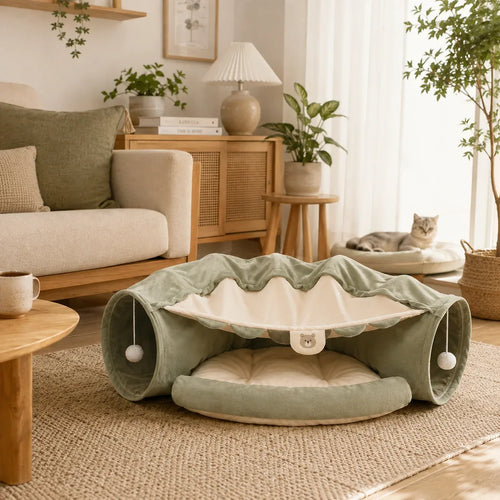 Cat tunnel sofa bed racetrack with two tunnel entrances and pom-pom toys in a Japandi living room
