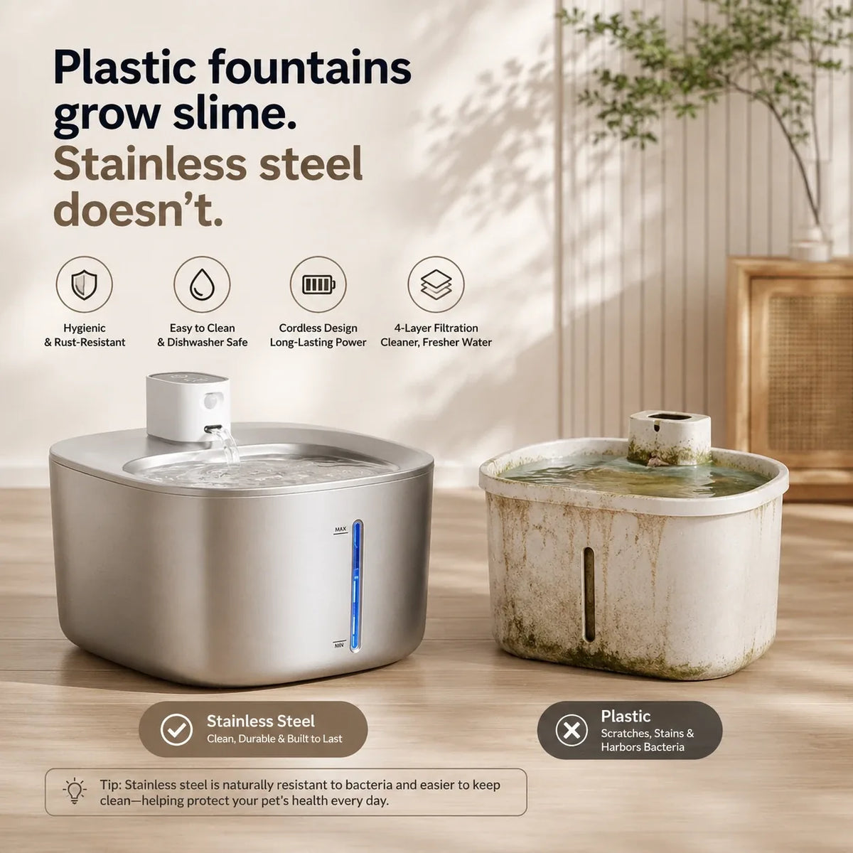 Cat water fountain features — 304 stainless steel, cordless 45-day battery, motion and timed modes, multi-stage filter, filter reminder and a year of filters included