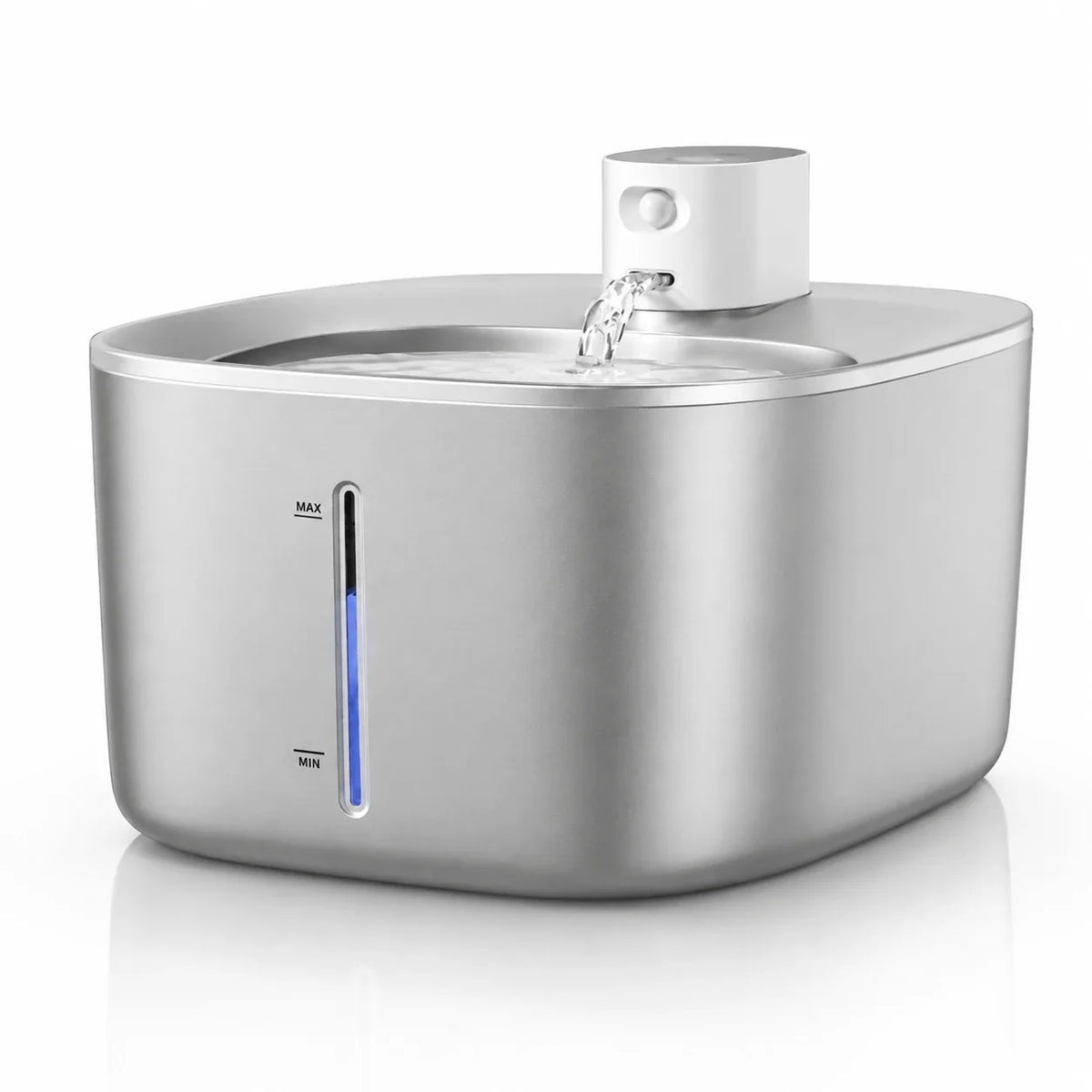 Angled view of the brushed stainless steel cat water fountain body with MAX and MIN water window