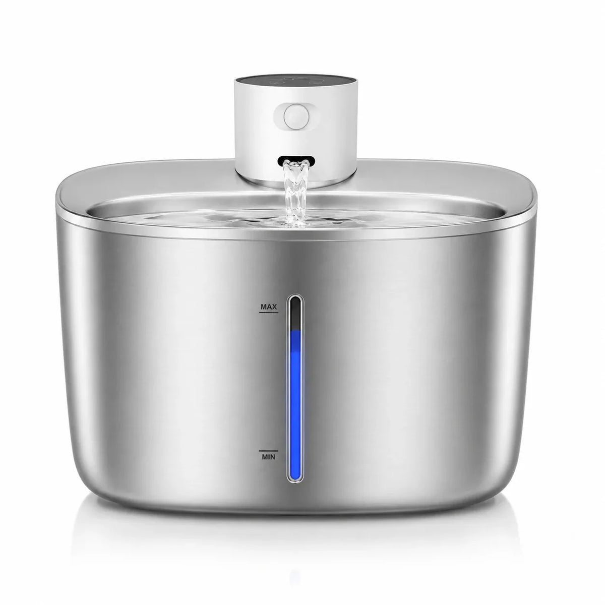 Wireless stainless steel cat water fountain with flowing stream and blue water-level window, isolated front view