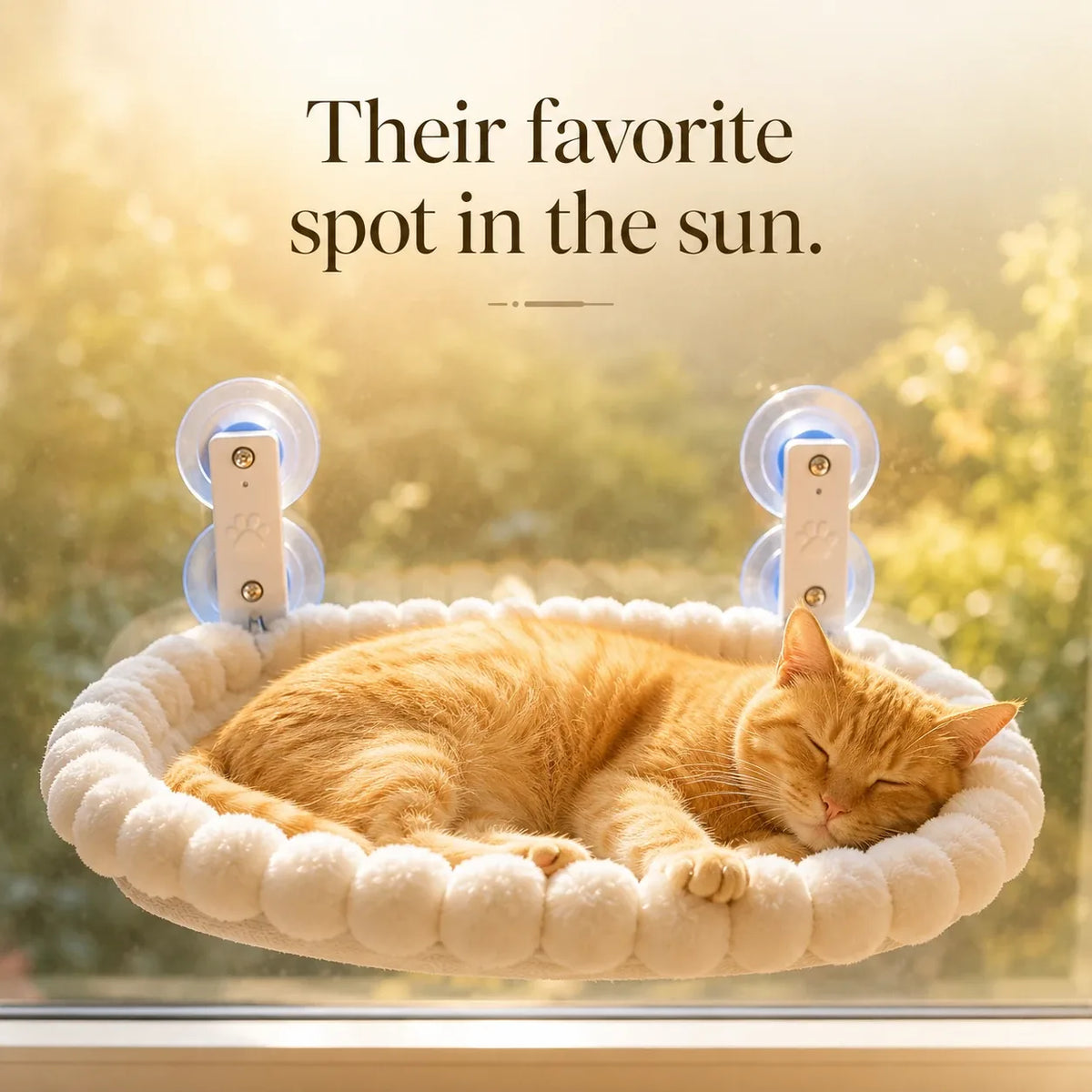 Their favorite spot in the sun — ginger cat curled asleep in the window hammock