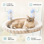 Cat window hammock features — four 85 mm suction cups, holds big cats, nylon and fiber frame, on and off in seconds with no tools