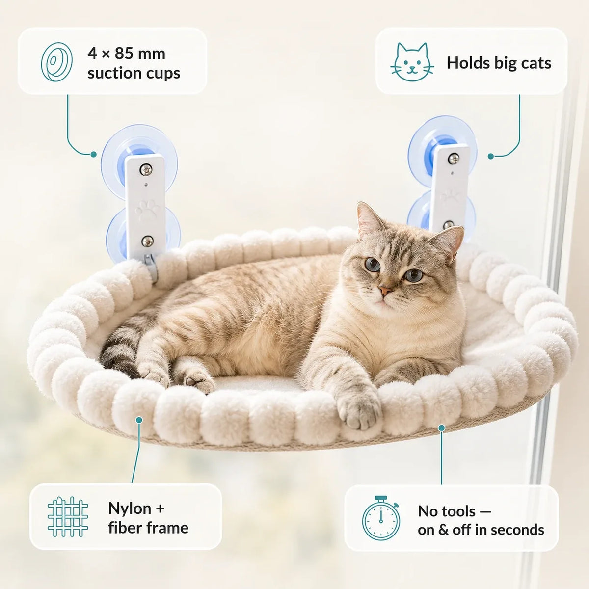 Cat window hammock features — four 85 mm suction cups, holds big cats, nylon and fiber frame, on and off in seconds with no tools