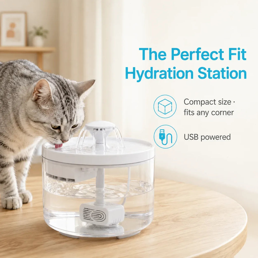 Compact USB-powered cat water fountain that fits any corner