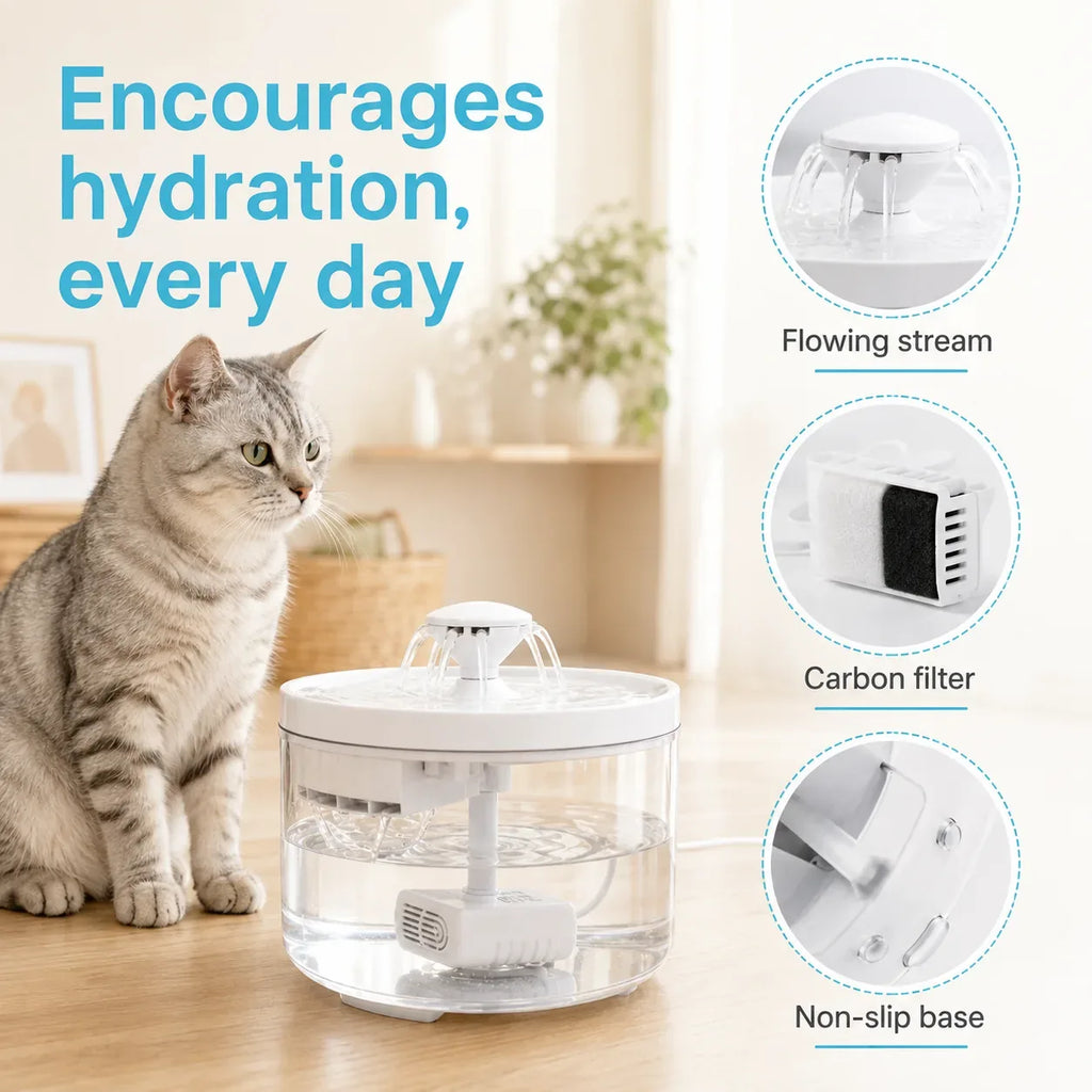 Cat water fountain features: flowing stream, carbon filter, non-slip base