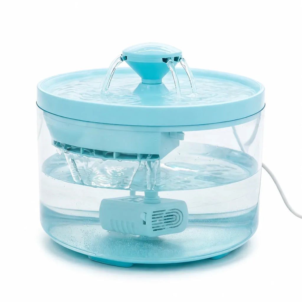 Catwell flowing cat water fountain in lake blue, isolated