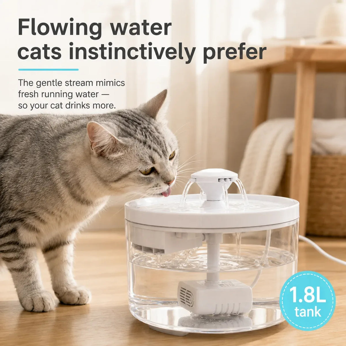 Cat drinking from the flowing water fountain, moving water cats prefer