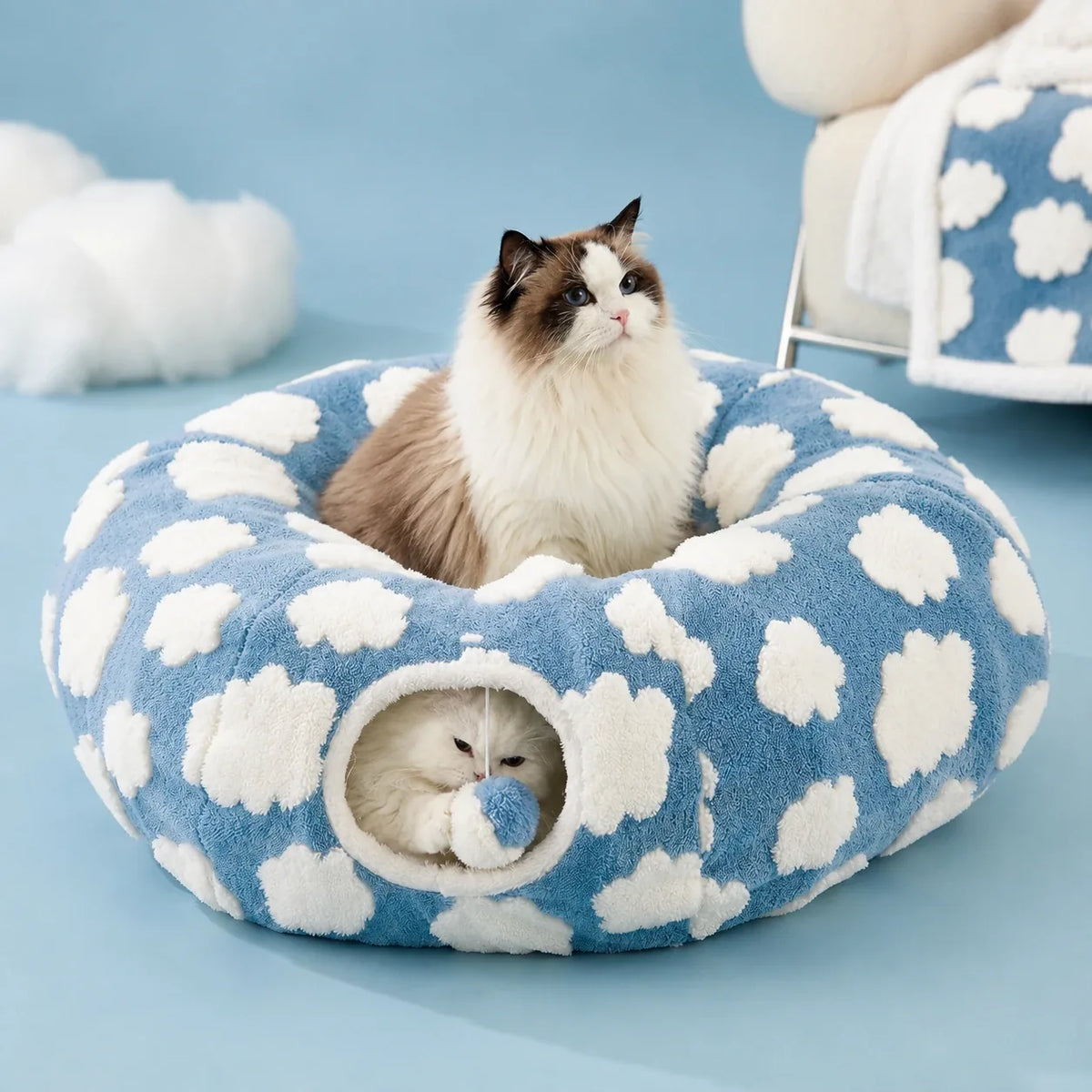 Size guide — 33.5 inch assembled cloud donut bed with 8 by 6 inch tunnel opening, 16 inch cushion when opened