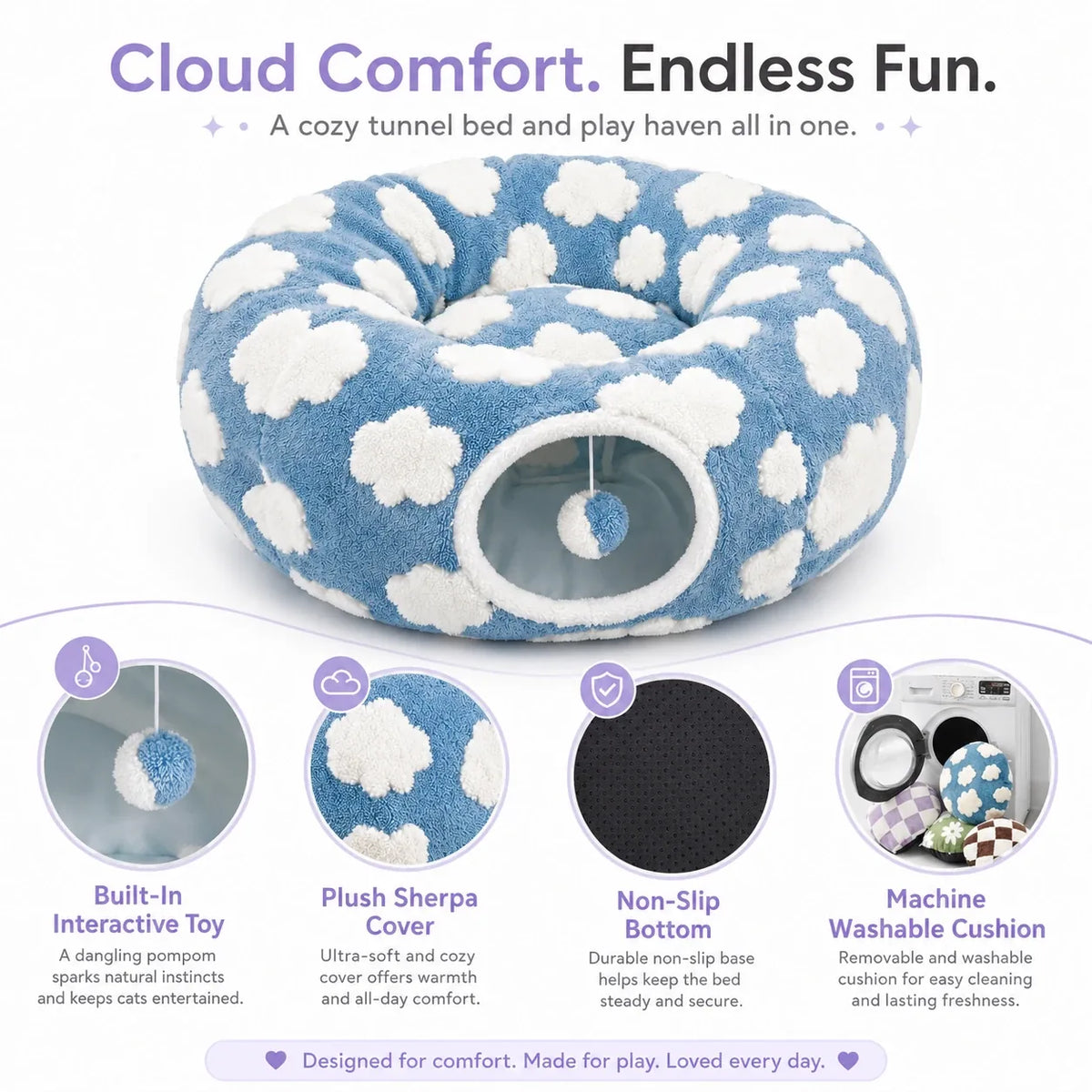Cloud comfort features — built-in pom-pom toy, plush sherpa cover, non-slip bottom and machine-washable cushion
