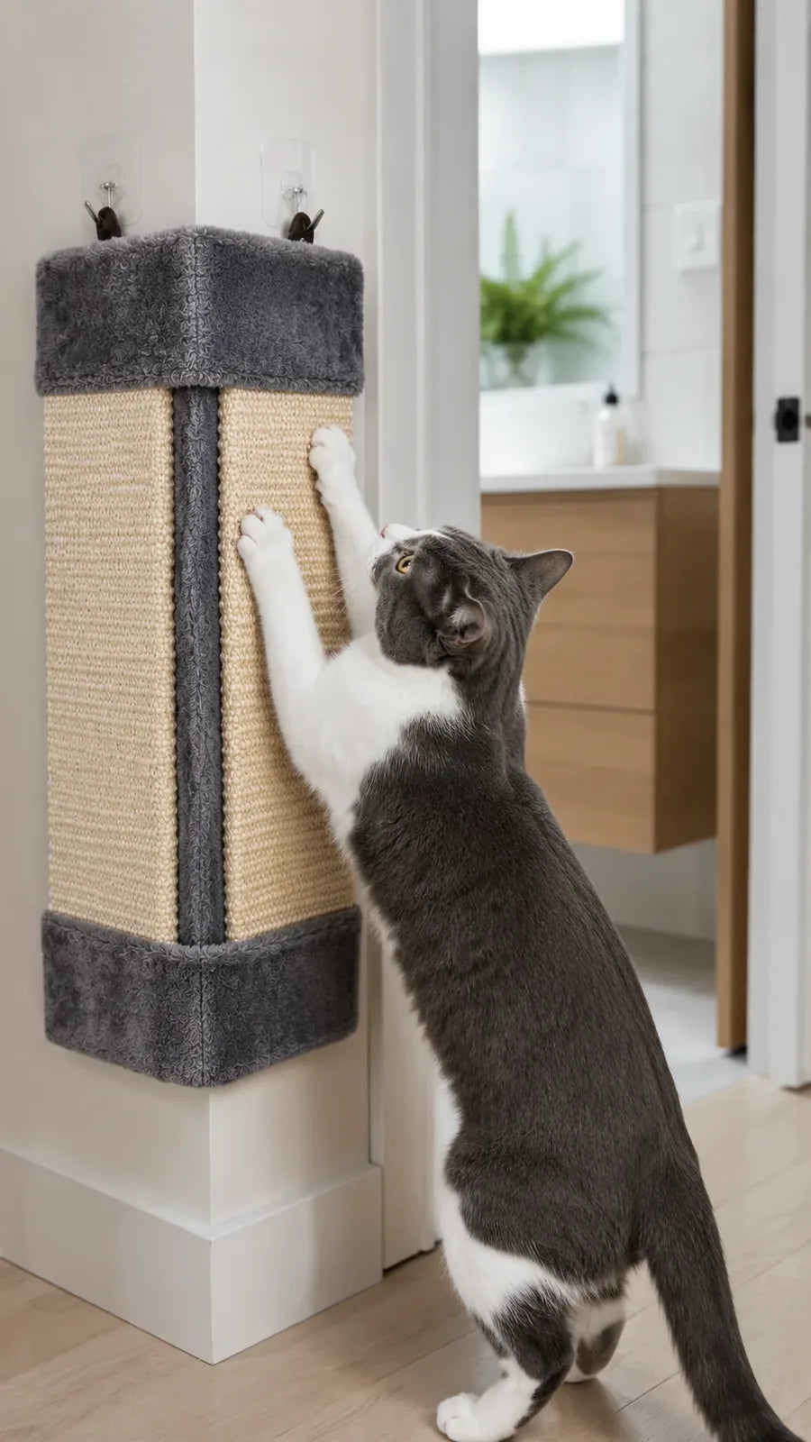 Cat using the corner sisal scratcher mounted in a bathroom