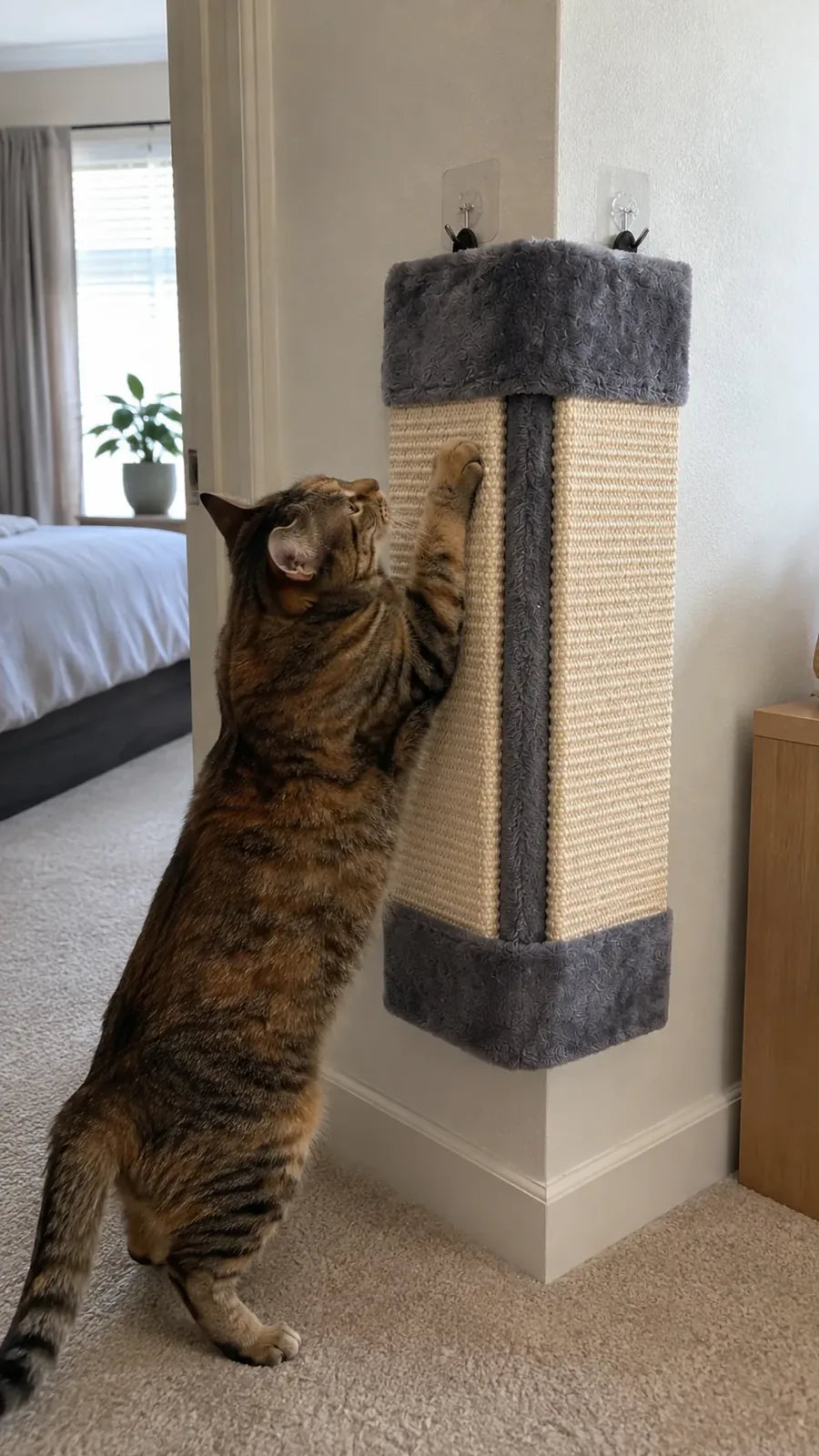 Tabby cat scratching the sisal mat wrapped around a bedroom wall corner