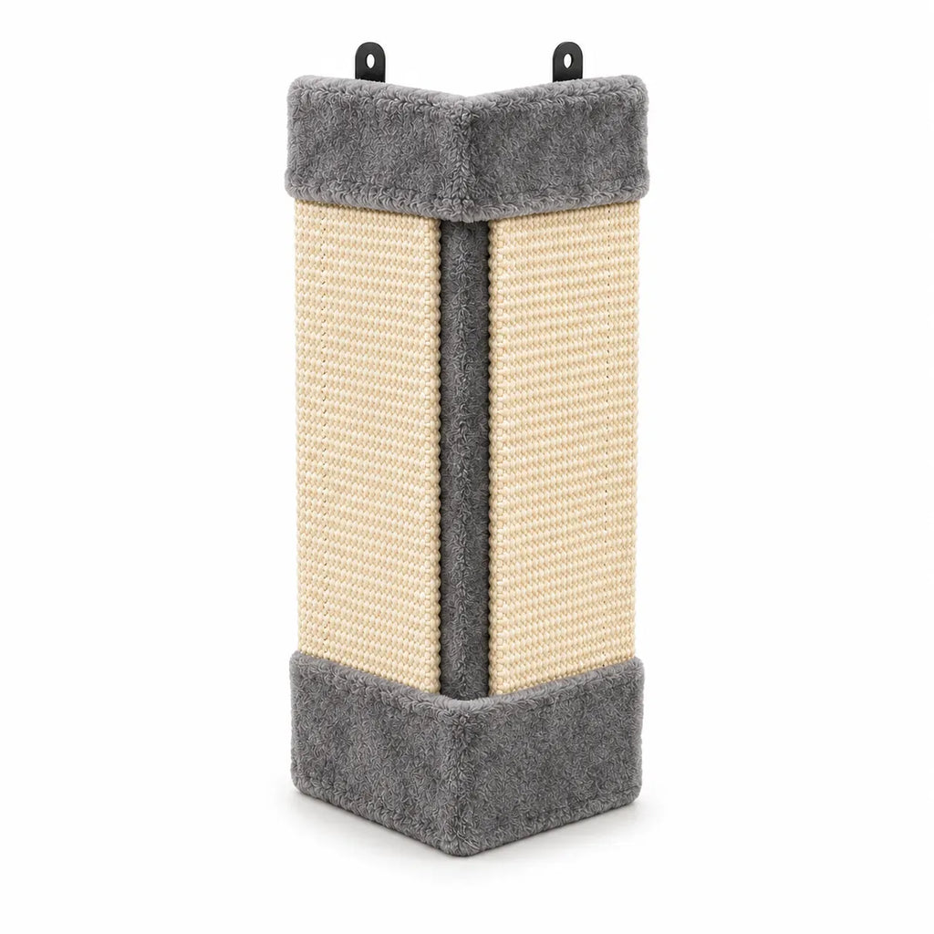 Foldable sisal corner cat scratcher mat in grey with plush trim, isolated